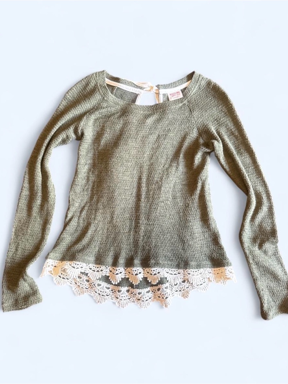 2000s Mossimo Olive Green Lightweight Knit Top with Lace Hem